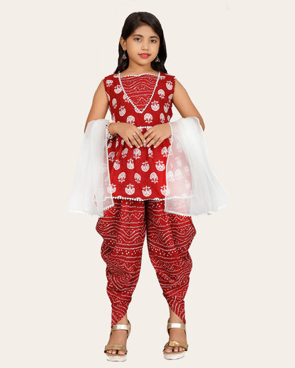 Girls A-line Sleeveless Rayon Dhoti Kurta and Dupatta Set Festive & Party Floral Print Square Neck Dupatta Net Border Lace.