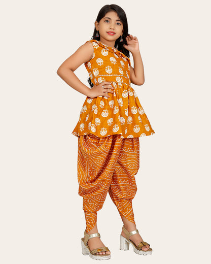 Girls A-line Sleeveless Rayon Dhoti Kurta and Dupatta Set Festive & Party Floral Print Square Neck Dupatta Net Border Lace.