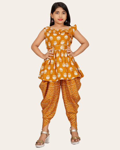 Girls A-line Sleeveless Rayon Dhoti Kurta and Dupatta Set Festive & Party Floral Print Square Neck Dupatta Net Border Lace.