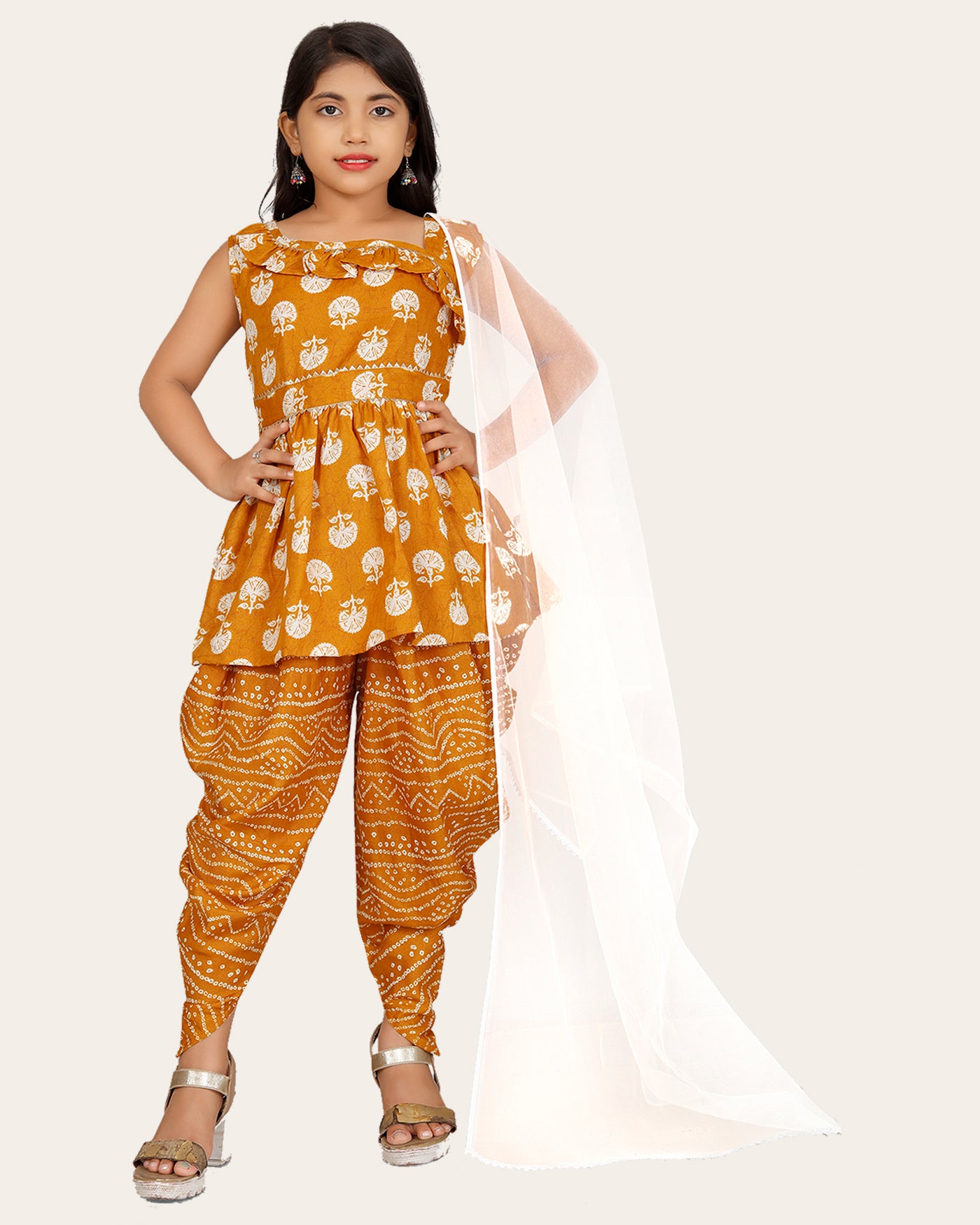 Girls A-line Sleeveless Rayon Dhoti Kurta and Dupatta Set Festive & Party Floral Print Square Neck Dupatta Net Border Lace.