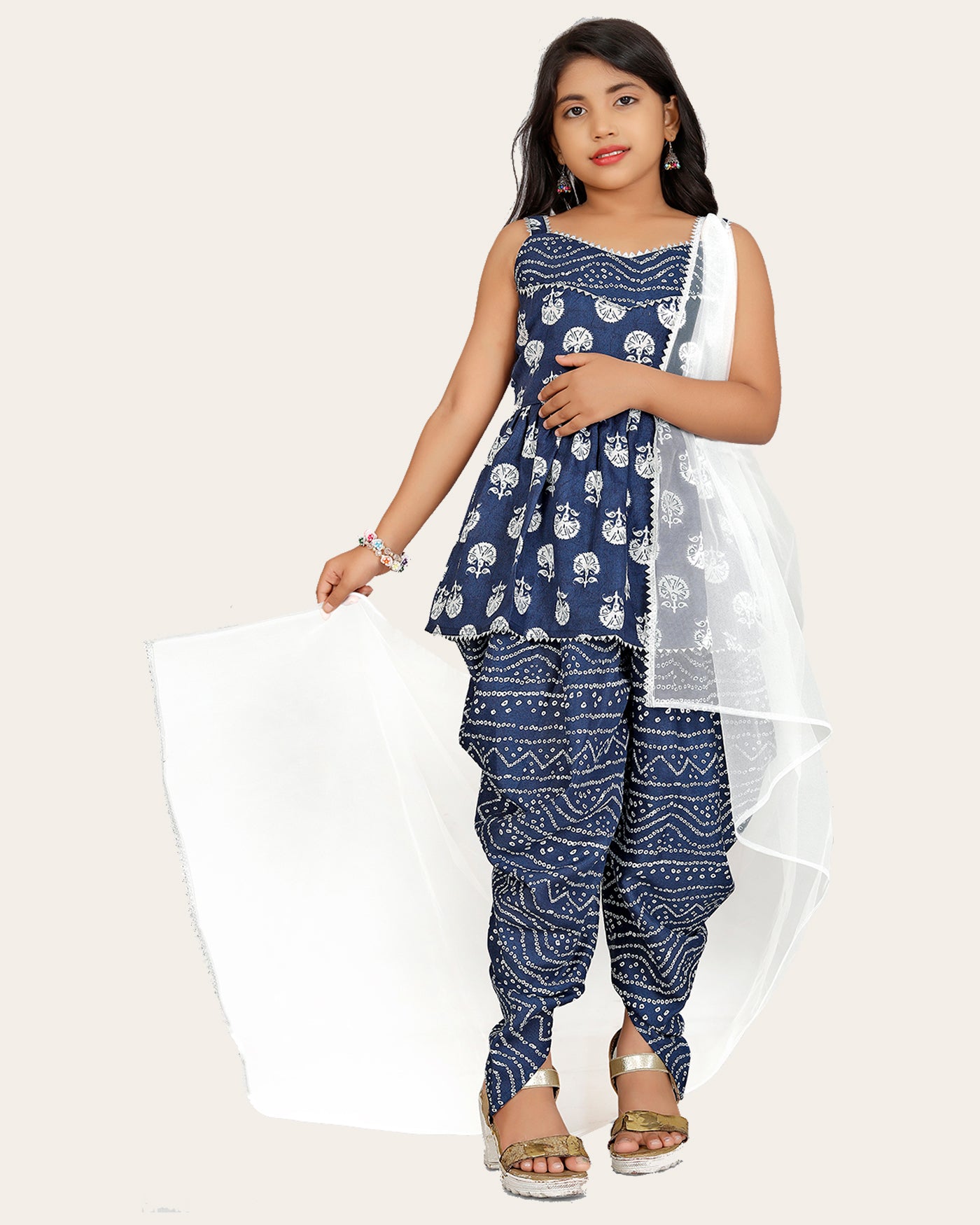 Girls A-line Sleeveless Rayon Dhoti Kurta and Dupatta Set Festive & Party Floral Print Square Neck Dupatta Net Border Lace.