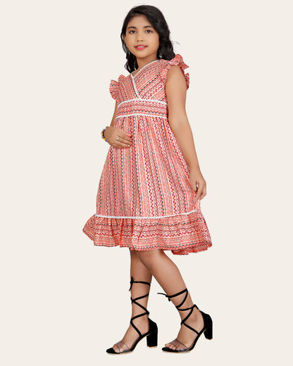 Girl's Cotton Unique Design Printed Knee Length A-Line Dress