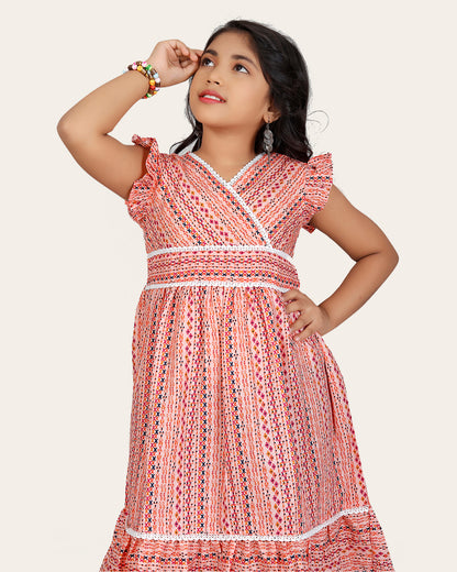 Girl's Cotton Unique Design Printed Knee Length A-Line Dress