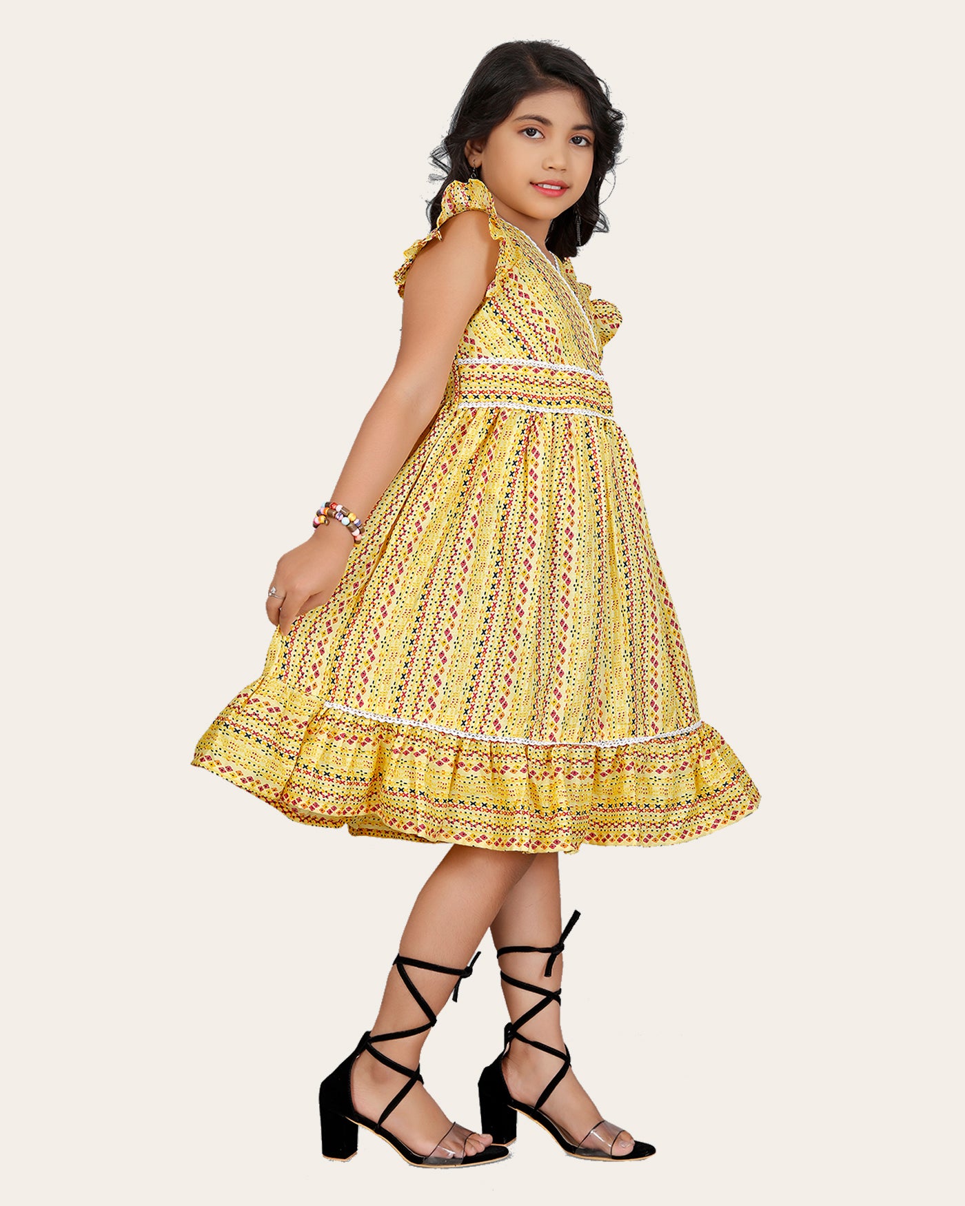 Girl's Cotton Unique Design Printed Knee Length A-Line Dress