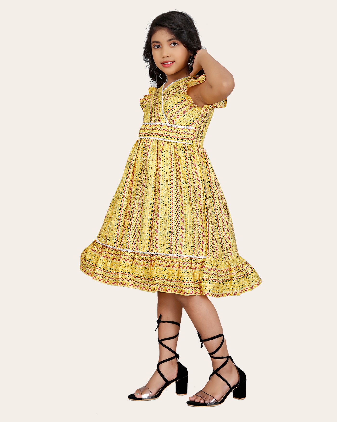 Girl's Cotton Unique Design Printed Knee Length A-Line Dress