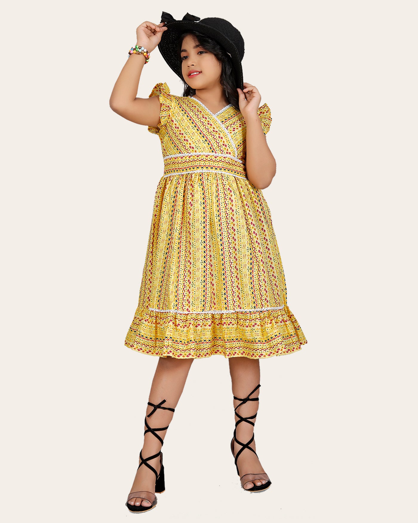 Girl's Cotton Unique Design Printed Knee Length A-Line Dress