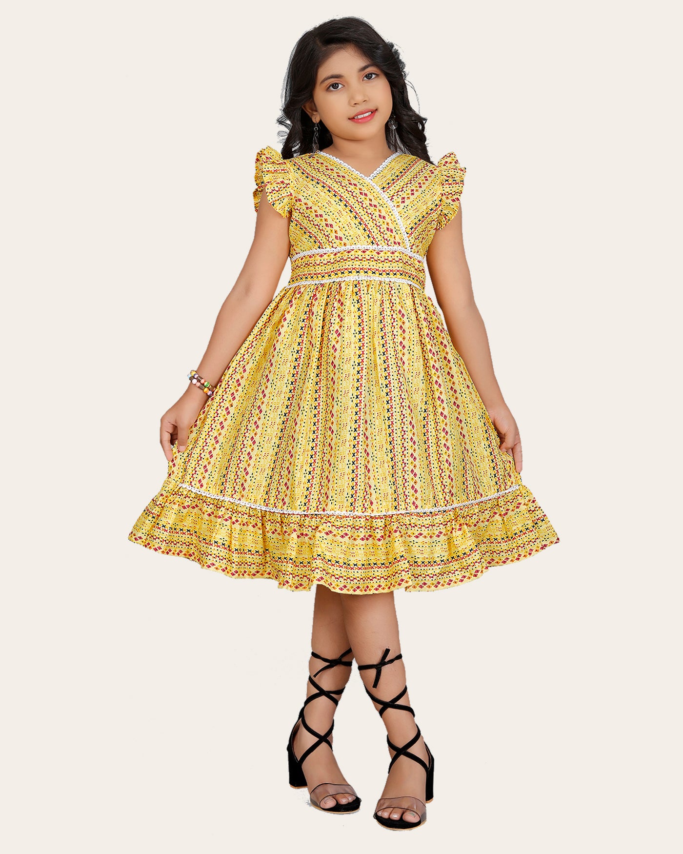 Girl's Cotton Unique Design Printed Knee Length A-Line Dress