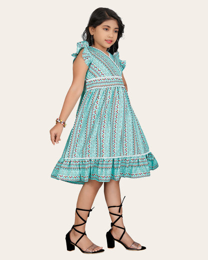 Girl's Cotton Unique Design Printed Knee Length A-Line Dress