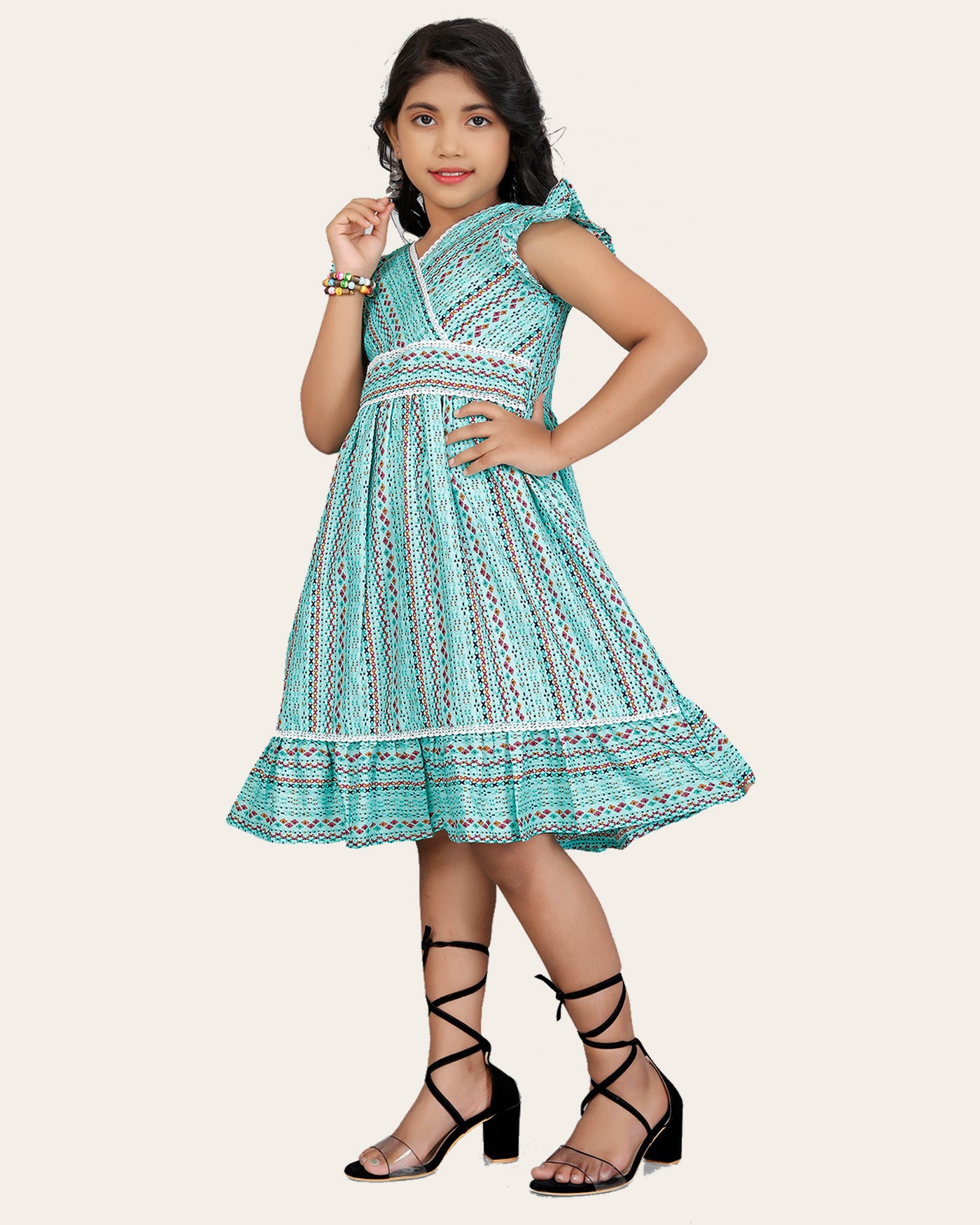 Girl's Cotton Unique Design Printed Knee Length A-Line Dress