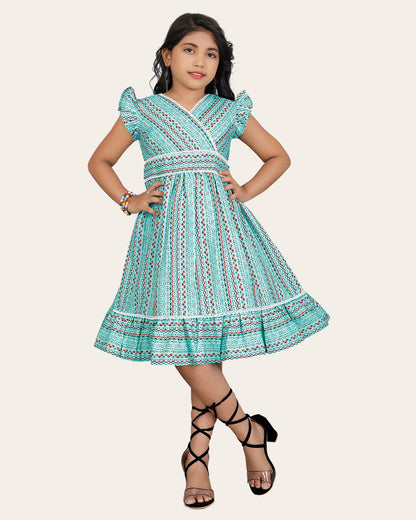 Girl's Cotton Unique Design Printed Knee Length A-Line Dress