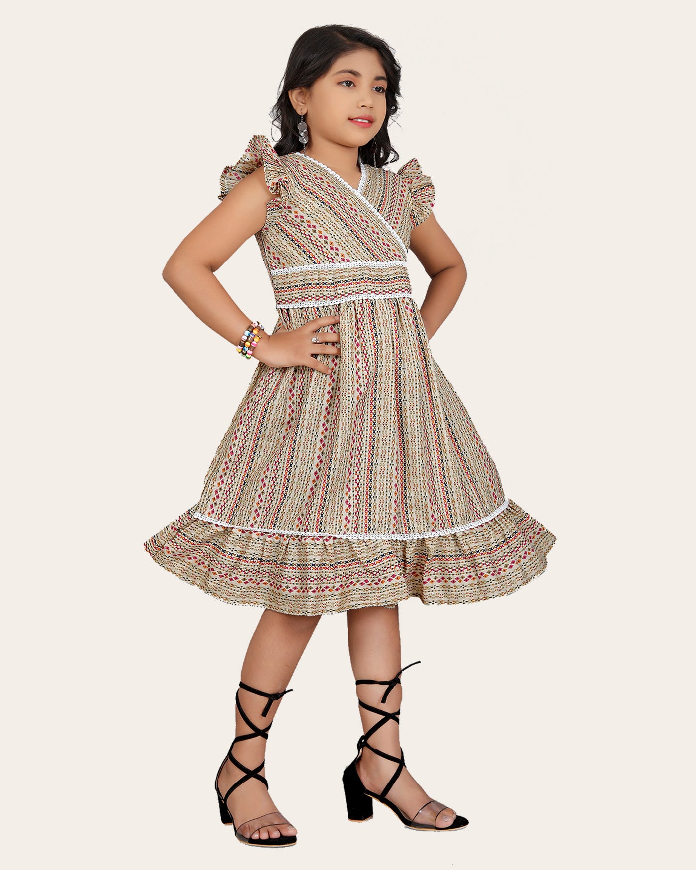 Girl's Cotton Unique Design Printed Knee Length A-Line Dress