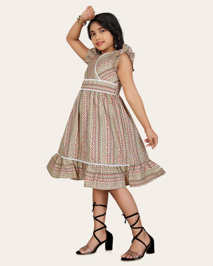 Girl's Cotton Unique Design Printed Knee Length A-Line Dress