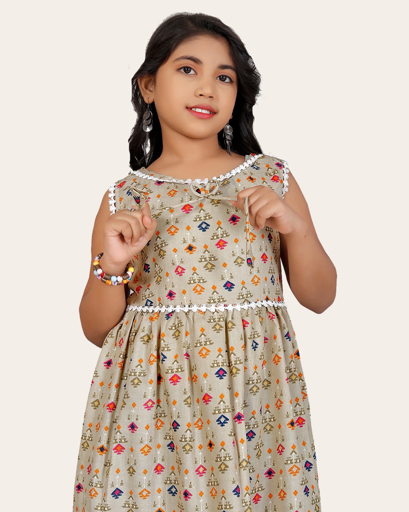 Girl's Cotton Unique Design Printed Knee Length A-Line Dress