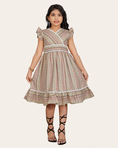 Girl's Cotton Unique Design Printed Knee Length A-Line Dress