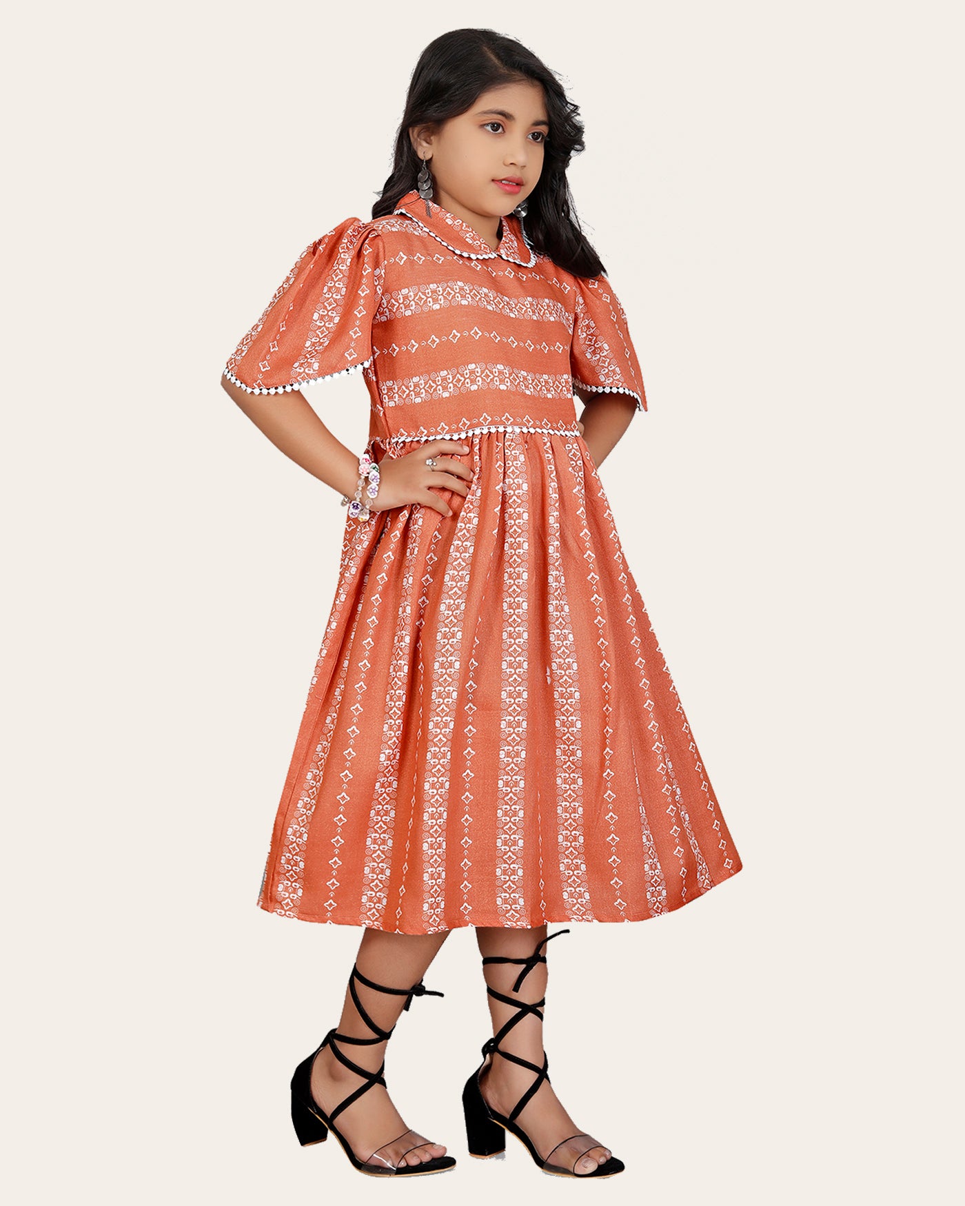Girl's Cotton Unique Design Printed Knee Length A-Line Dress