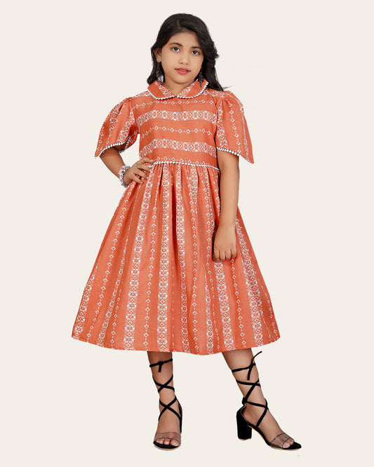 Girl's Cotton Unique Design Printed Knee Length A-Line Dress