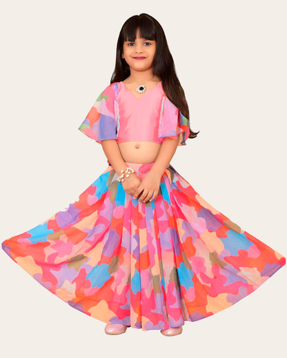 Baby Girl's Georgette Fancy Wedding Crop Top With Multicolour Lehenga