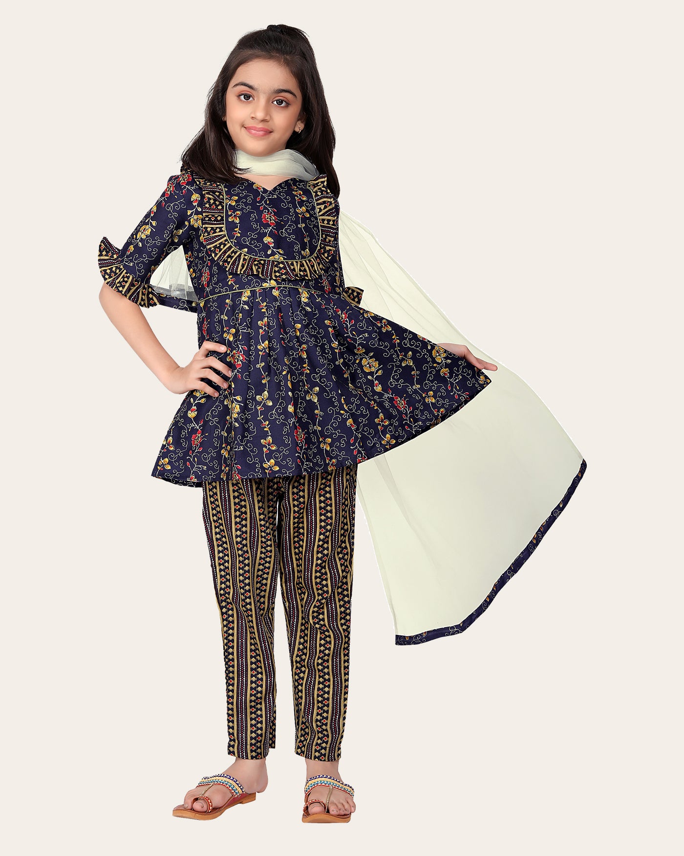 Girl's Designer Cotton Print Work Kid's Top Bottom With Dupatta Blue 4-14 Years Girls