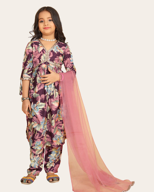 Maslin Printed Aliya cut Kurtas with Bottom dupatta set