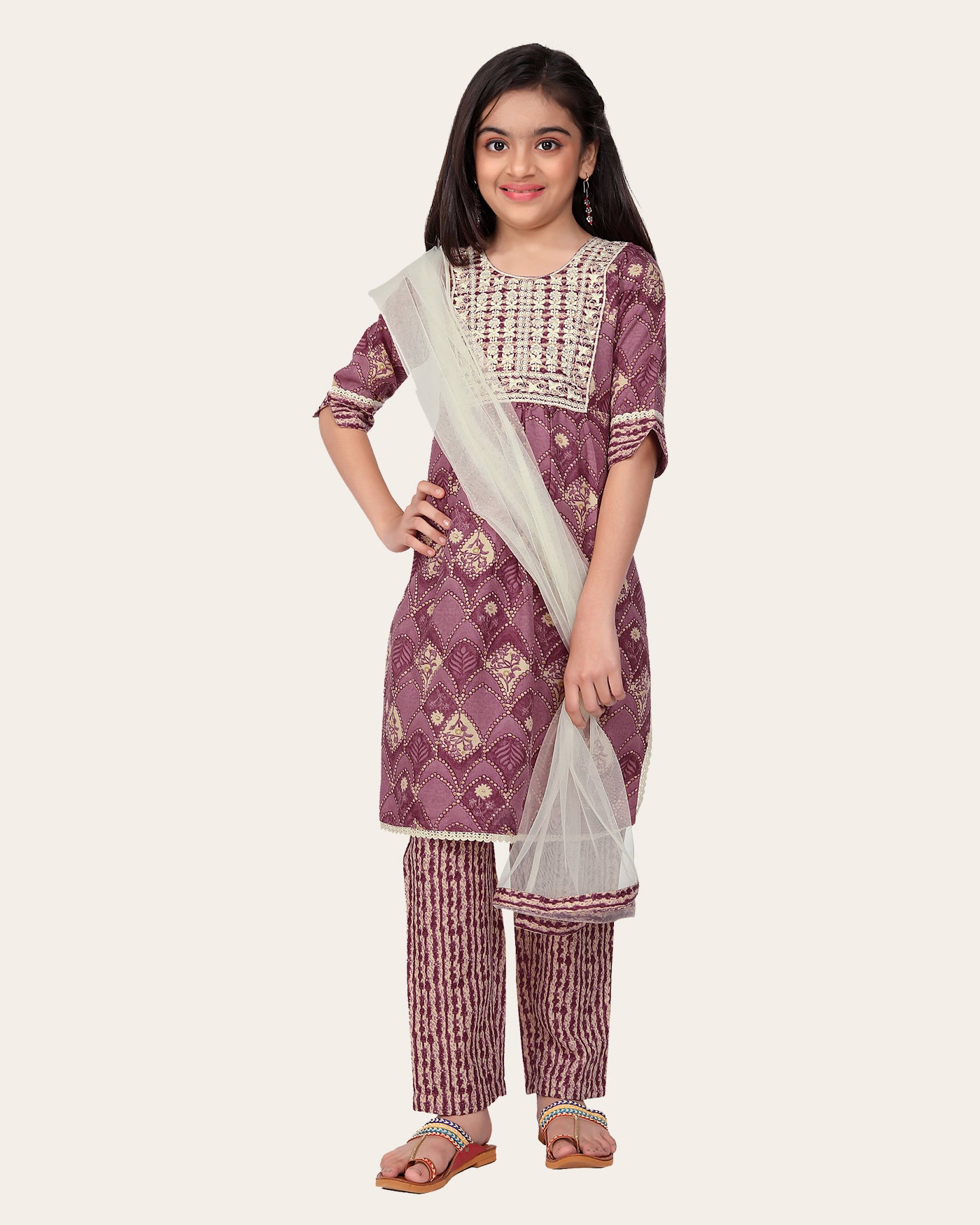 Kid Girls Embroidered Cotton Printed Full stitched Nayara Cut Kurtis with Bottom Dupatta set