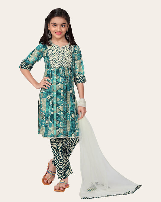 Printed Emroidered Kurta Bottom Dupatta Set for Girls