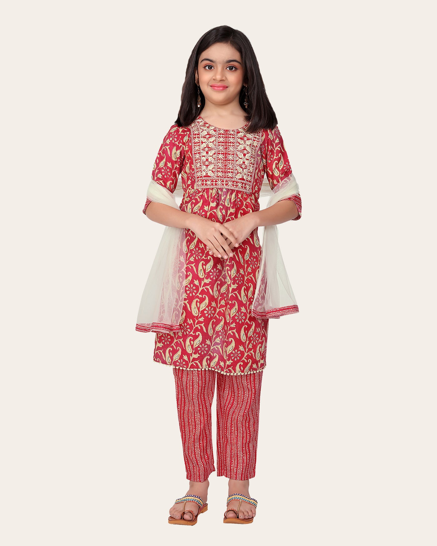 Printed Emroidered Kurta Bottom Dupatta Set for Girls