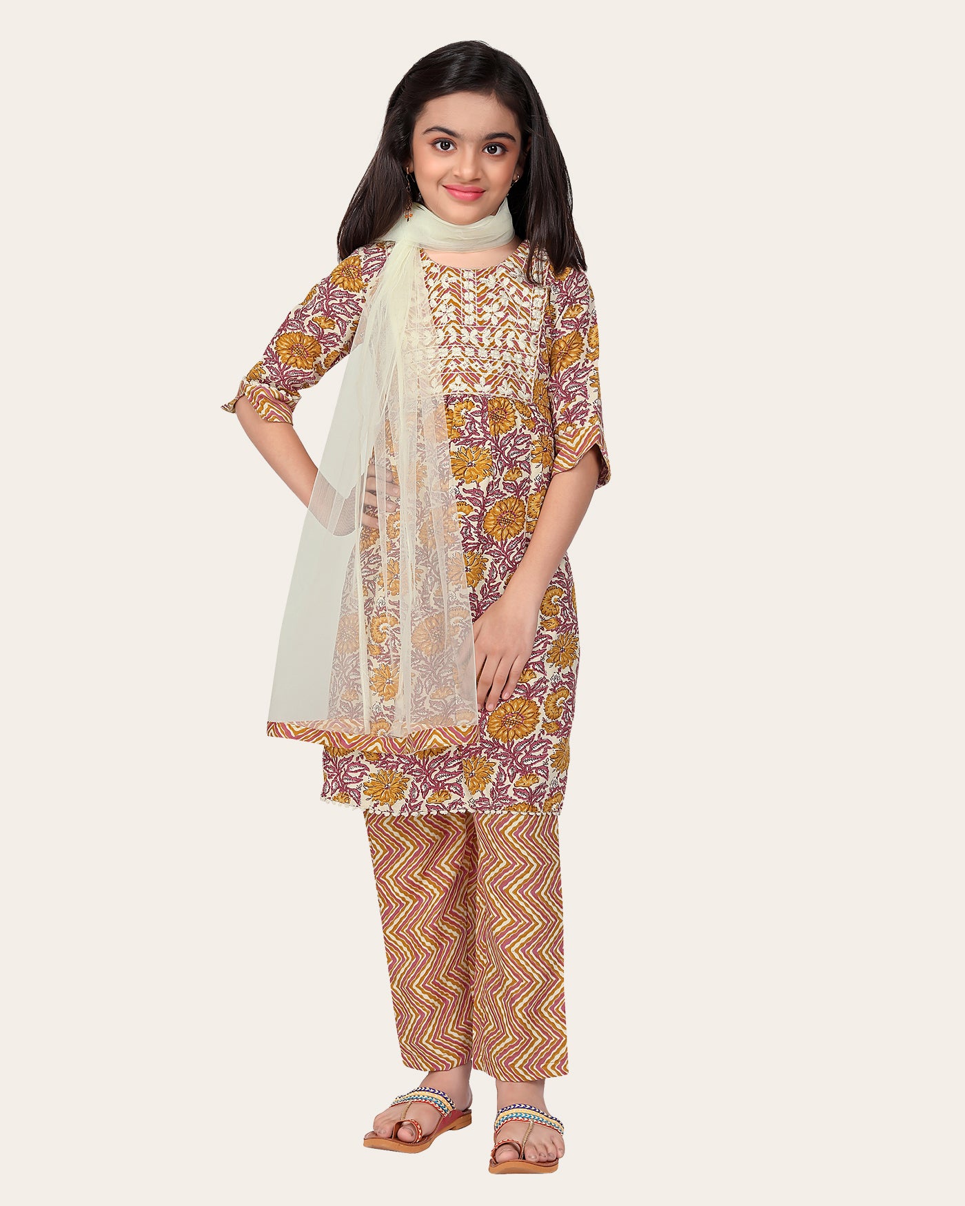 Kids Girls Embrodeary Cotton Printed Fullstiched Nayara Cut Kurtis with Bottom Dupatta set, Kid dresses