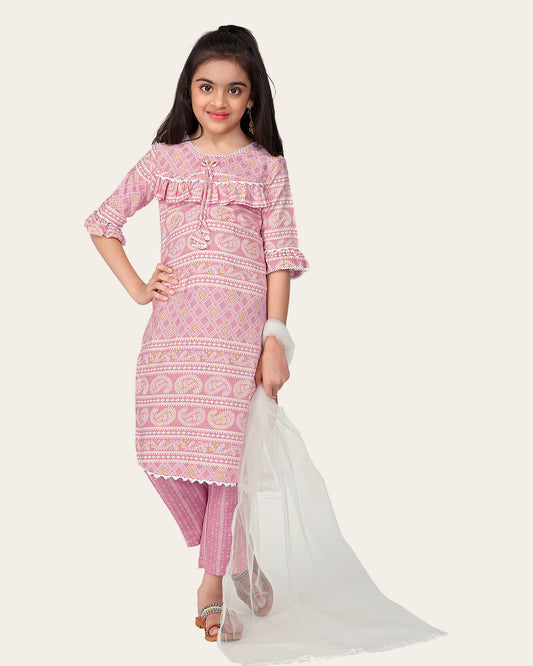 Kid Girl's Designer Cotton Printed Top Bottom With Dupatta Pink