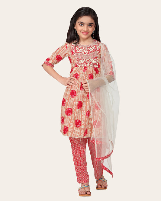 Kids Girls Embrodeary Cotton Printed Fullstiched Nayara Cut Kurtis with Bottom Dupatta set, Kid dresses