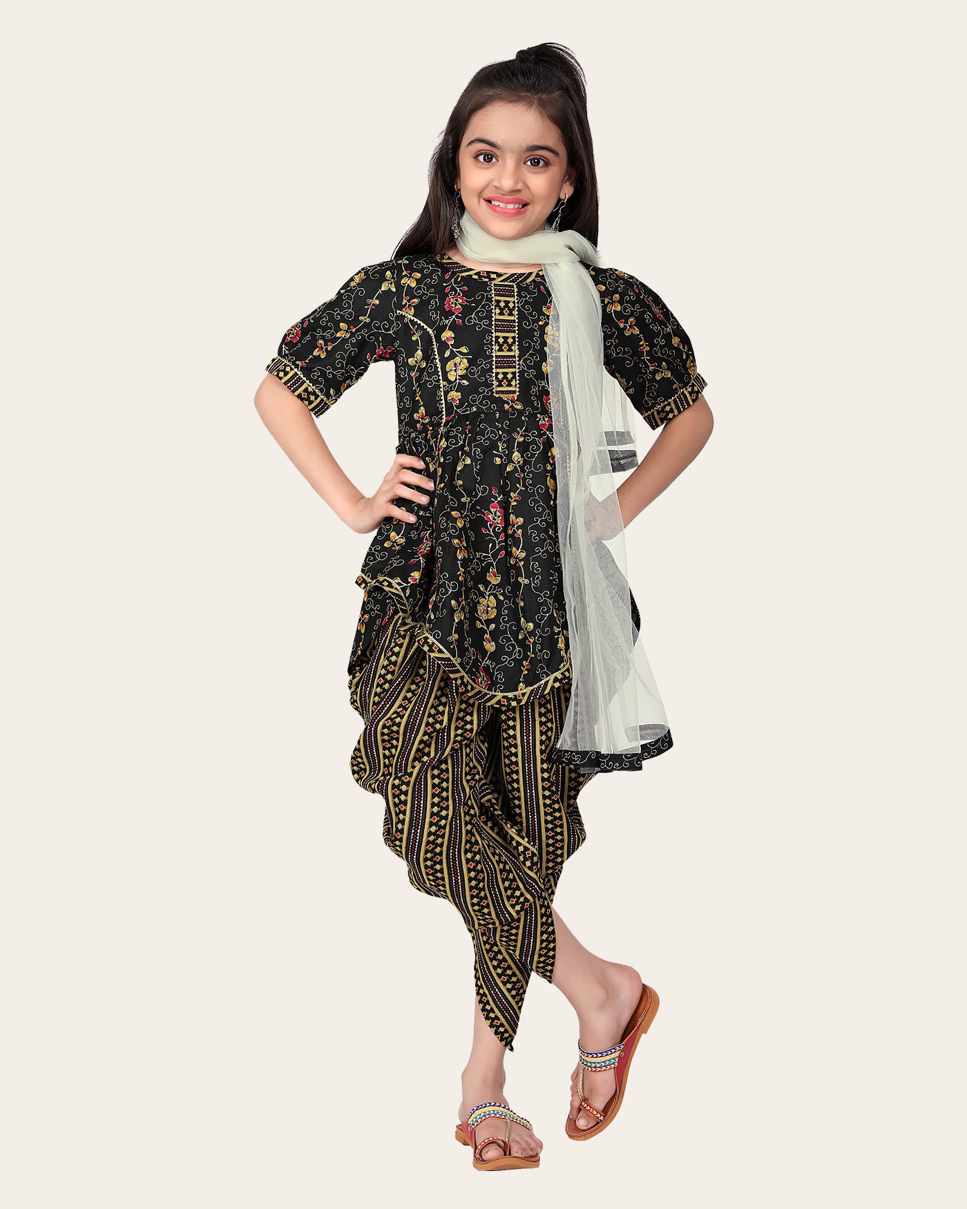 Girl's Designer Cotton Print Work Kid Top Bottom With Dupatta Black