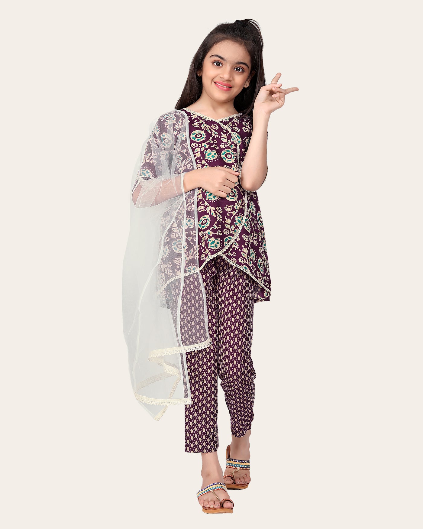 Designer Cotton Print Work Kid Top Bottom With Dupatta Purple