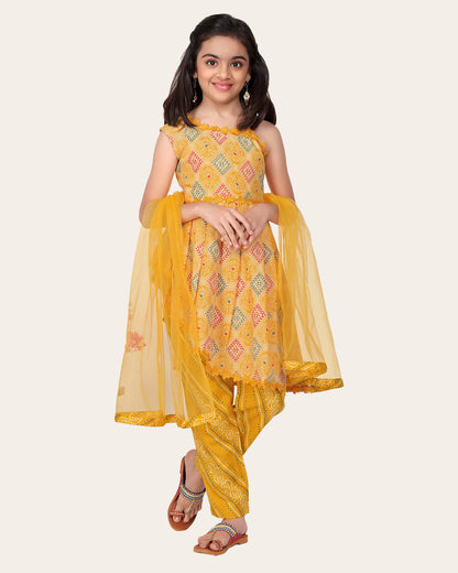 Designer Cotton Print Work Kid Top Bottom With Dupatta Yellow