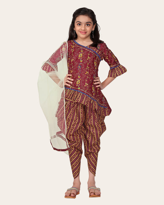 Floral Cotton Printed Peplum Stylish Top and Dhoti Dupatta Set for Girls