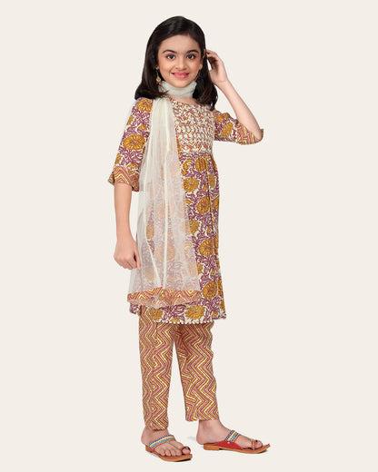 Kids Girls Embrodeary Cotton Printed Fullstiched Nayara Cut Kurtis with Bottom Dupatta set, Kid dresses