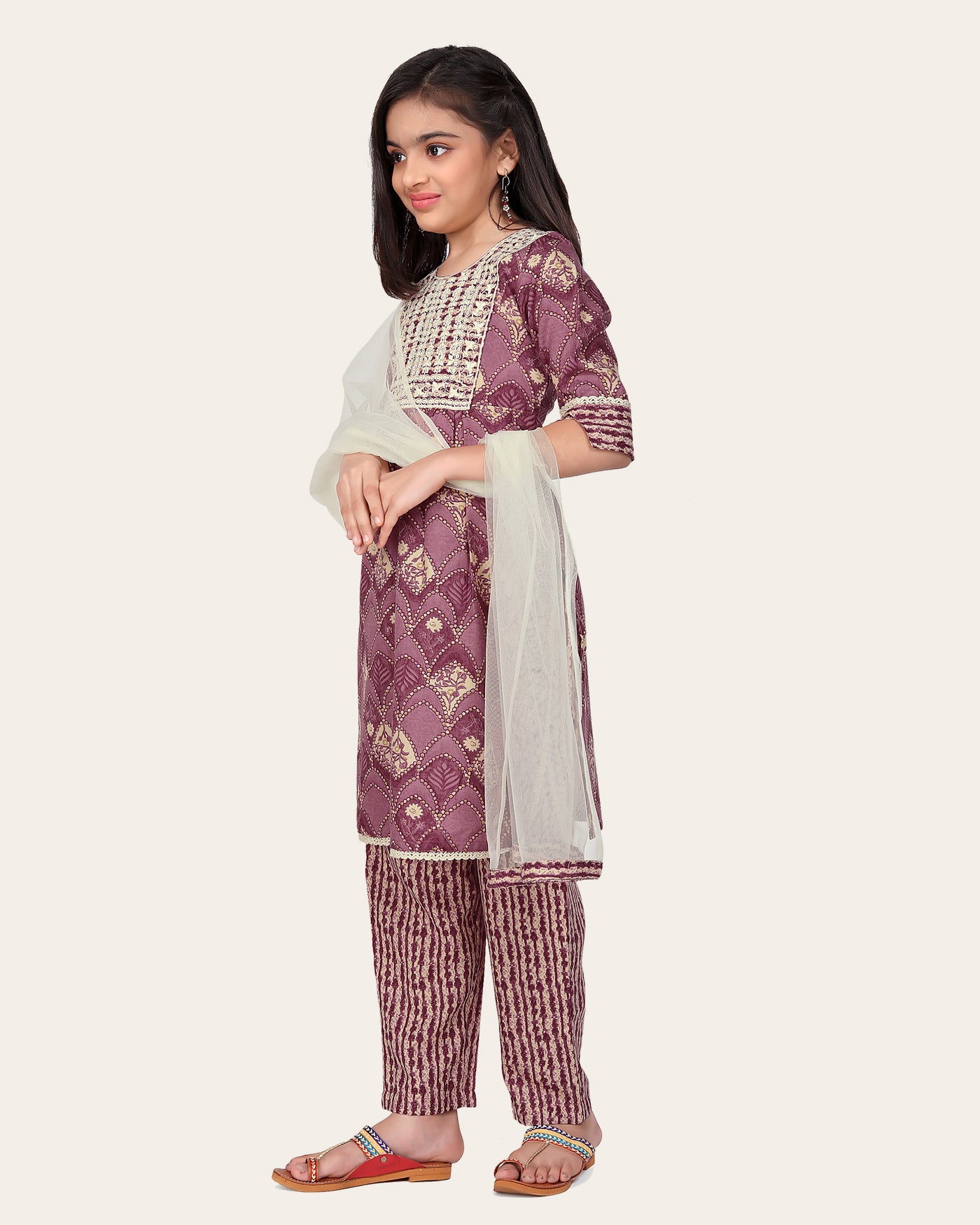 Kid Girls Embroidered Cotton Printed Full stitched Nayara Cut Kurtis with Bottom Dupatta set