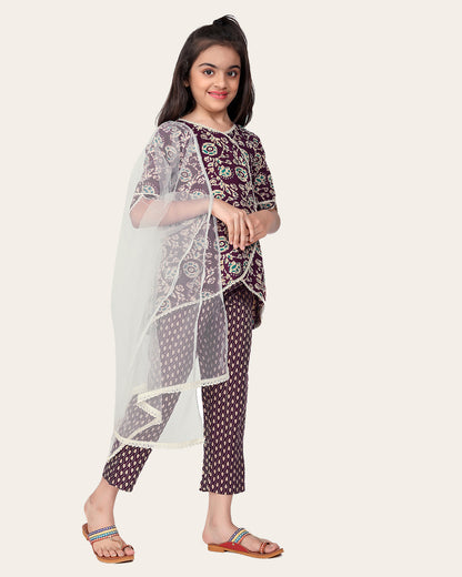 Designer Cotton Print Work Kid Top Bottom With Dupatta Purple