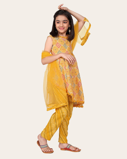 Designer Cotton Print Work Kid Top Bottom With Dupatta Yellow