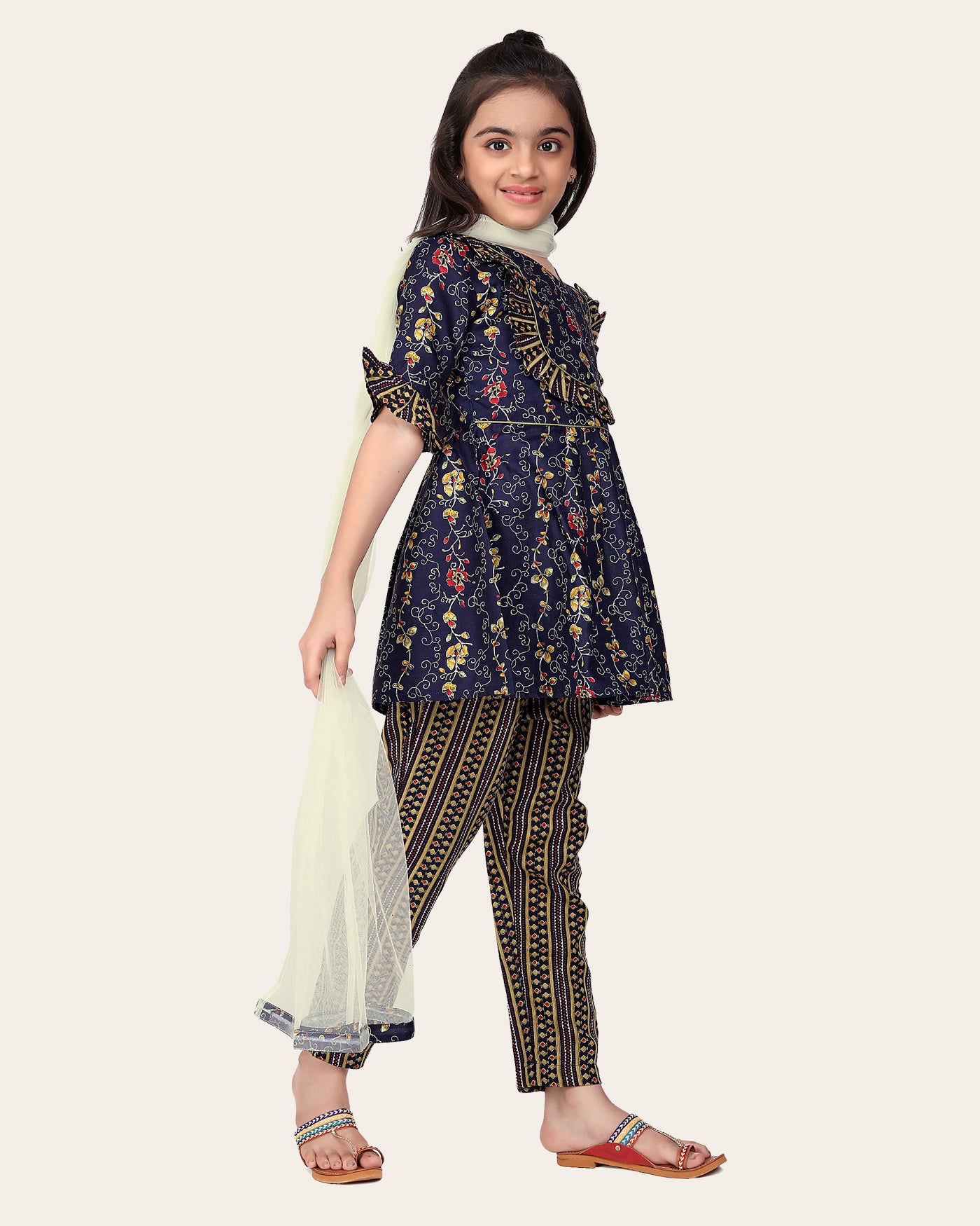 Girl's Designer Cotton Print Work Kid's Top Bottom With Dupatta Blue 4-14 Years Girls