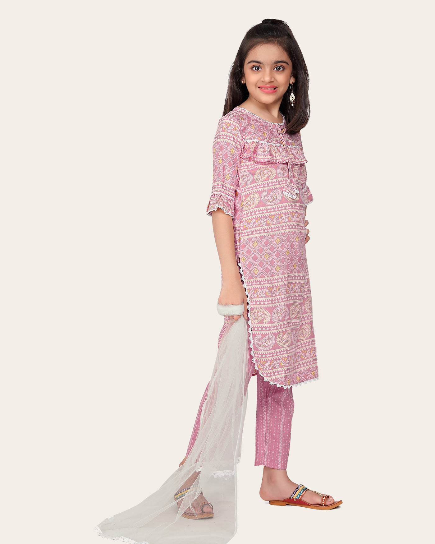 Kid Girl's Designer Cotton Printed Top Bottom With Dupatta Pink