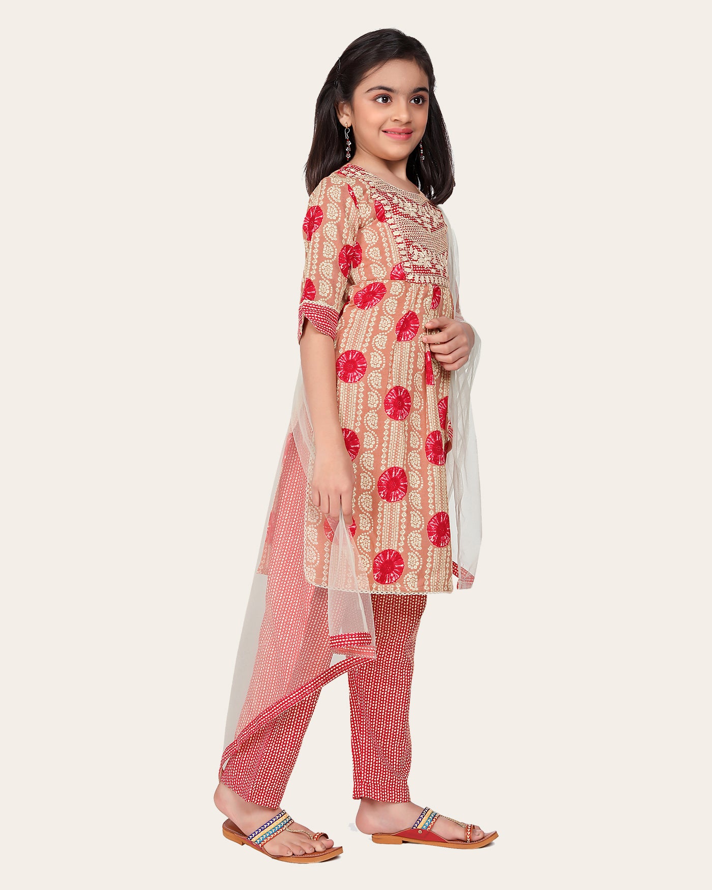 Kids Girls Embrodeary Cotton Printed Fullstiched Nayara Cut Kurtis with Bottom Dupatta set, Kid dresses