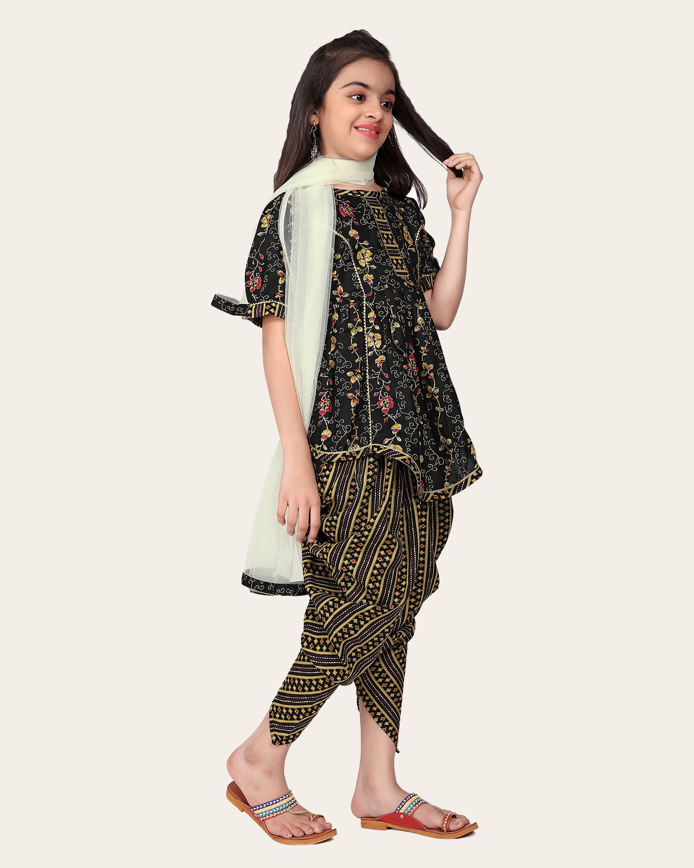 Girl's Designer Cotton Print Work Kid Top Bottom With Dupatta Black