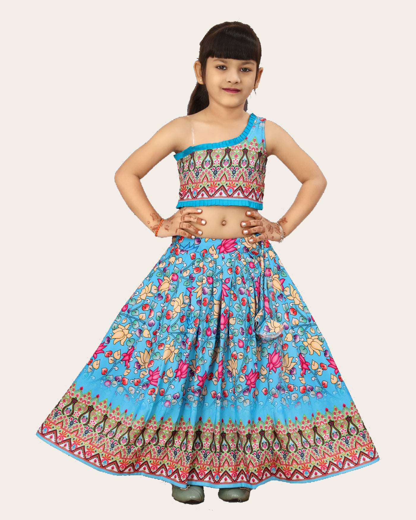 Girls Printed One Shoulder Ready to Wear Lehenga & Blouse