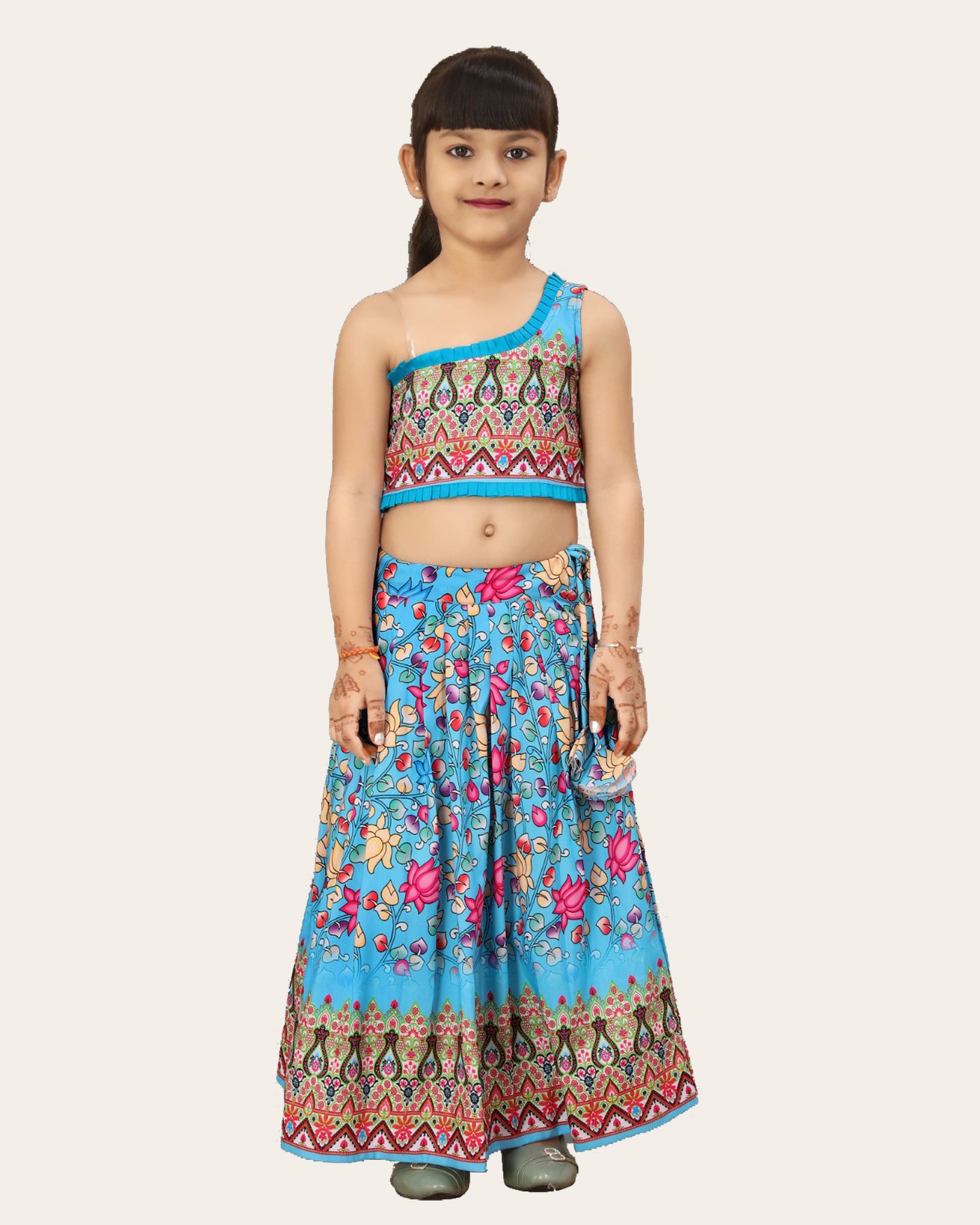 Girls Printed One Shoulder Ready to Wear Lehenga & Blouse