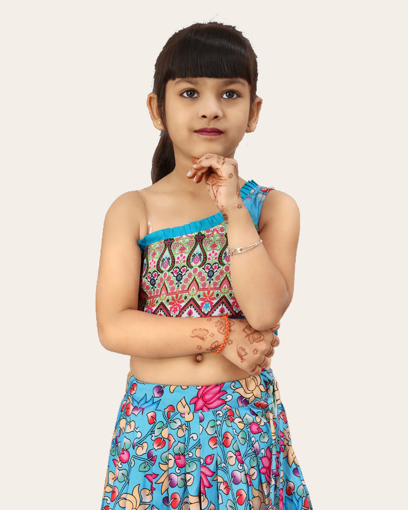 Girls Printed One Shoulder Ready to Wear Lehenga & Blouse