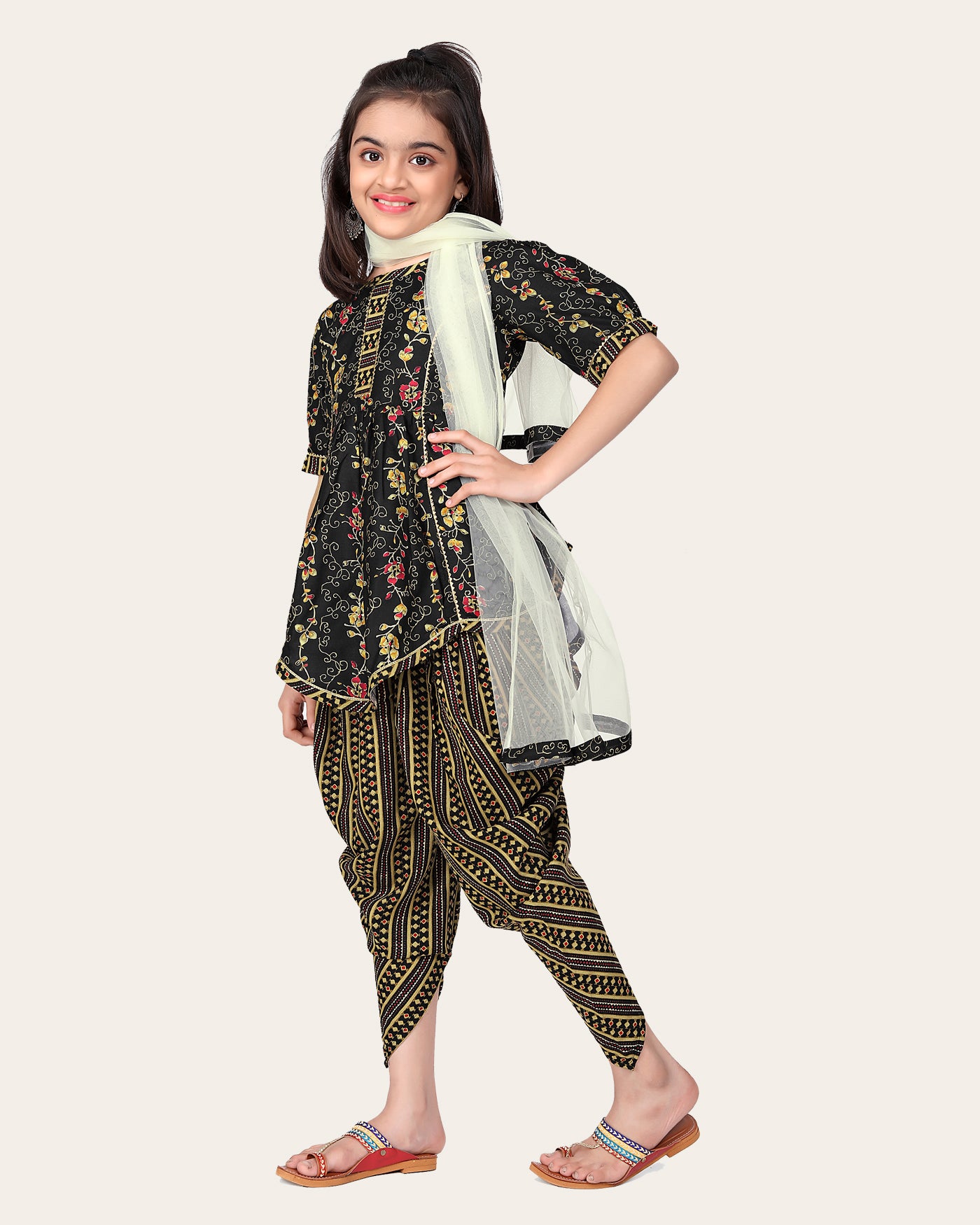 Girl's Designer Cotton Print Work Kid Top Bottom With Dupatta Black