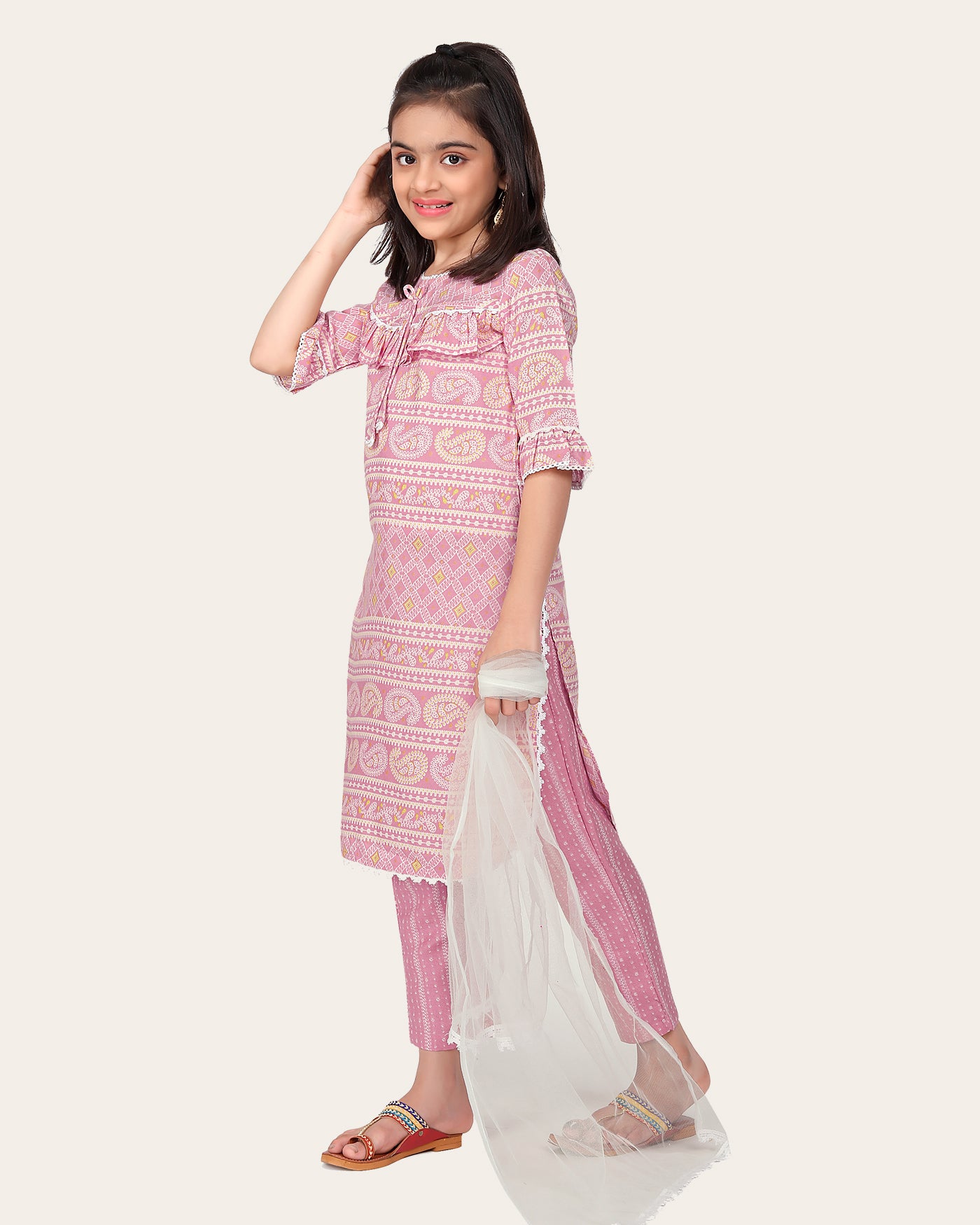 Kid Girl's Designer Cotton Printed Top Bottom With Dupatta Pink