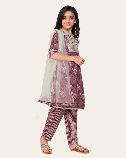 Kid Girls Embroidered Cotton Printed Full stitched Nayara Cut Kurtis with Bottom Dupatta set