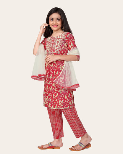 Printed Emroidered Kurta Bottom Dupatta Set for Girls