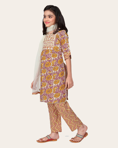 Kids Girls Embrodeary Cotton Printed Fullstiched Nayara Cut Kurtis with Bottom Dupatta set, Kid dresses