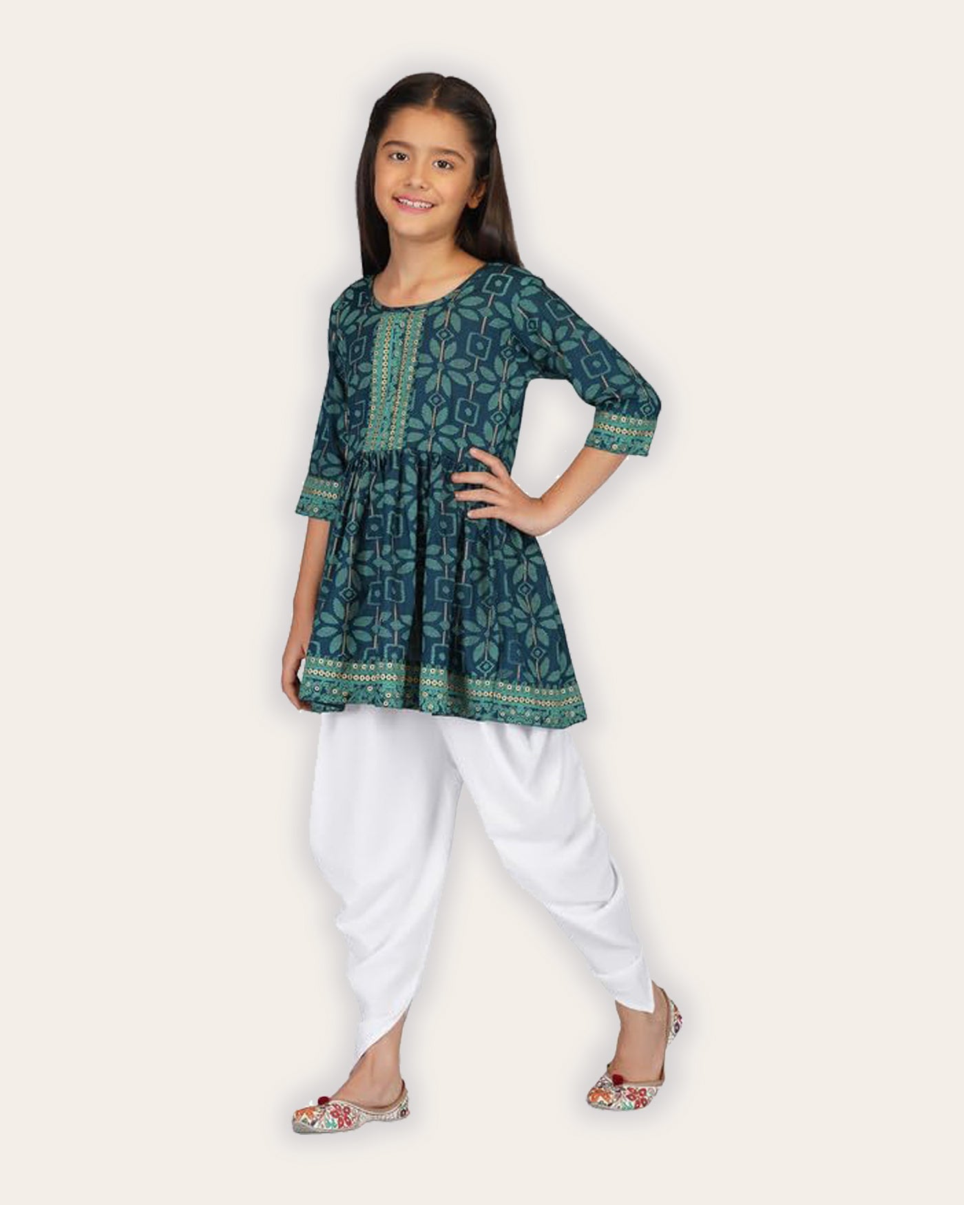 Kaaludii Dhoti Kurta Set for Girls Rayon Printed Round Neck Ethnic Wear for Kids Girls Salwar Suit and Dhoti Pant Set